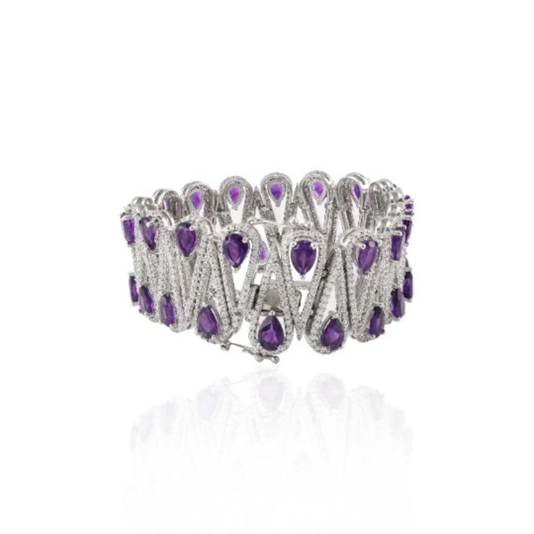 Art Nouveau Amethyst and Diamond Bold Wedding Sterling Silver Mother's Day Bracelet for Gift For Sale