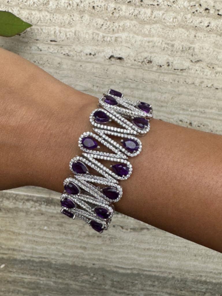 Pear Cut Amethyst and Diamond Bold Wedding Sterling Silver Mother's Day Bracelet for Gift For Sale