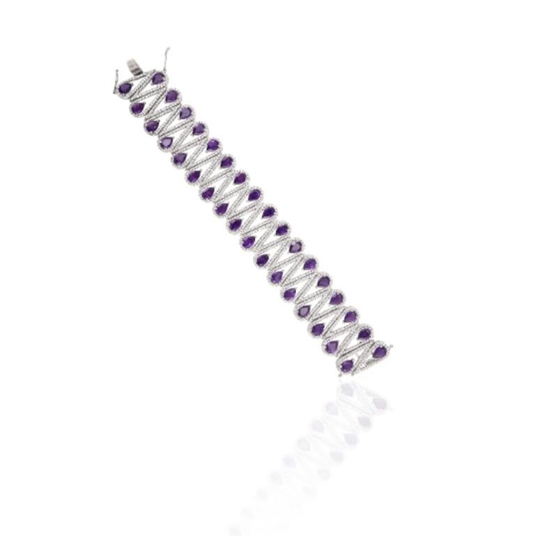 Amethyst and Diamond Bold Wedding Bracelet in 925 Sterling Silver In New Condition For Sale In Houston, TX
