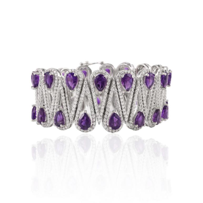 Women's Amethyst and Diamond Bold Wedding Sterling Silver Mother's Day Bracelet for Gift For Sale