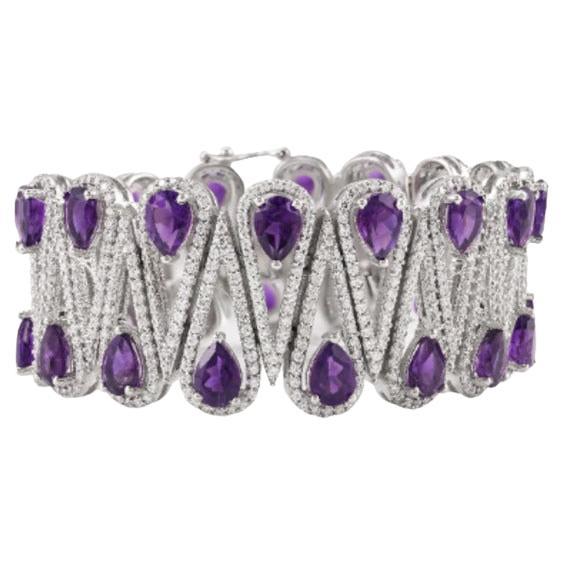 Amethyst and Diamond Bold Wedding Bracelet in 925 Sterling Silver For Sale
