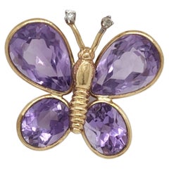 Amethyst and Diamond Butterfly Brooch in 14k Yellow Gold