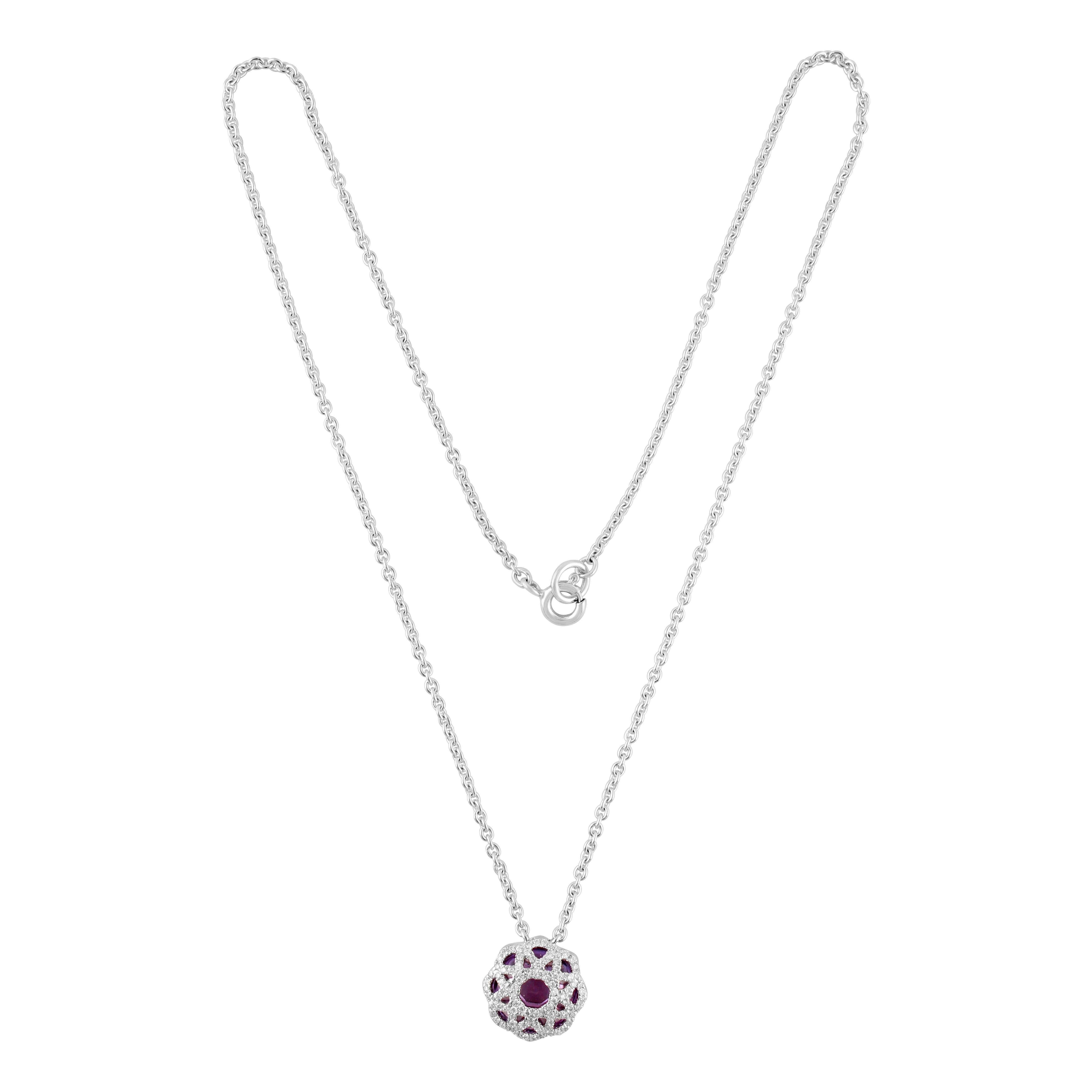 Amethyst and Diamond Cave Pendant Necklace, Set in 18 Karat White Gold
Amethyst - 3.60 Carat 
Round Diamonds 0.27 carats
18kt White Gold 
