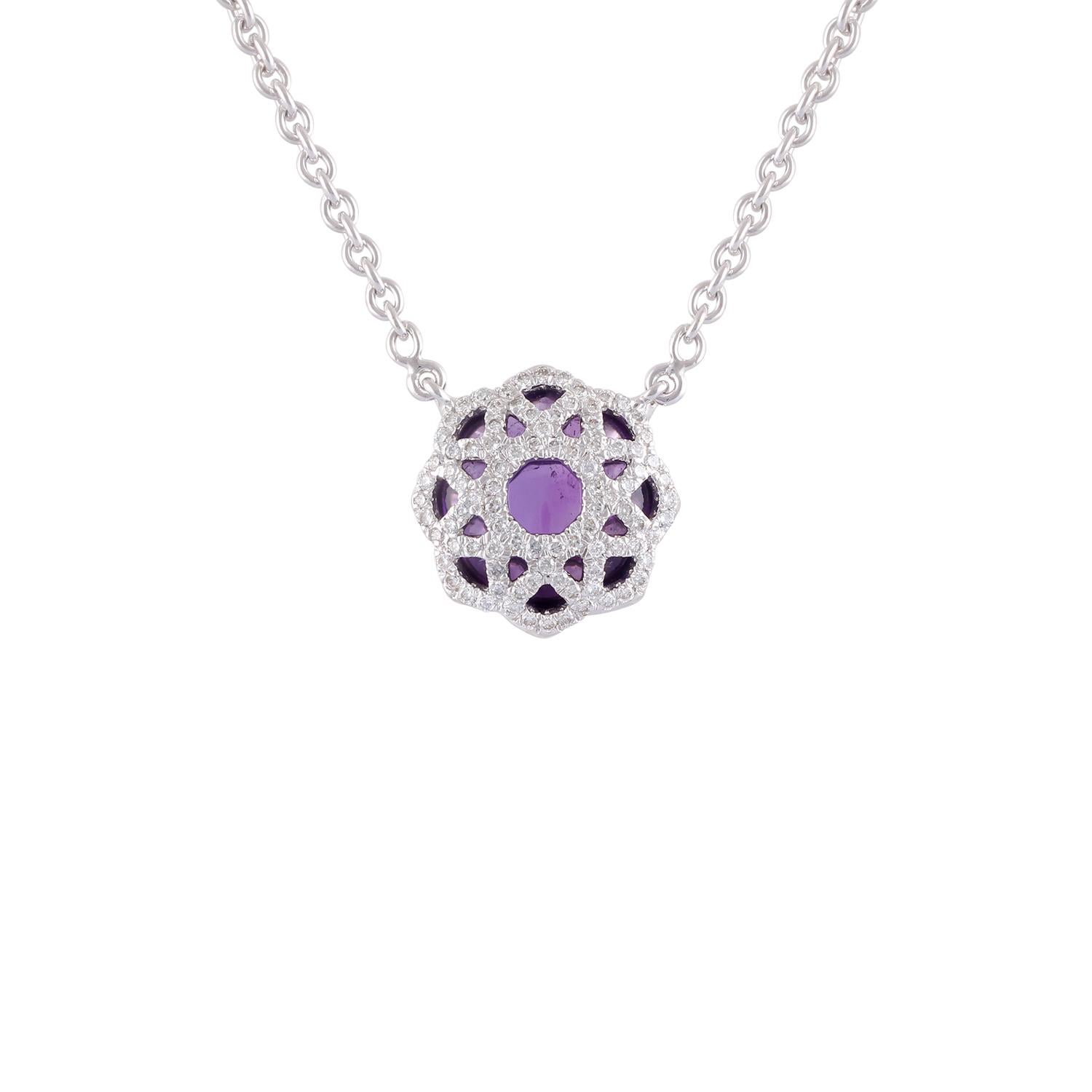 Contemporary Amethyst and Diamond Cave Pendant Necklace, Set in 18 Karat White Gold For Sale