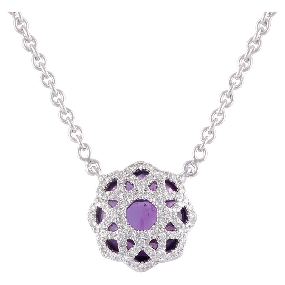 Amethyst and Diamond Cave Pendant Necklace, Set in 18 Karat White Gold For Sale