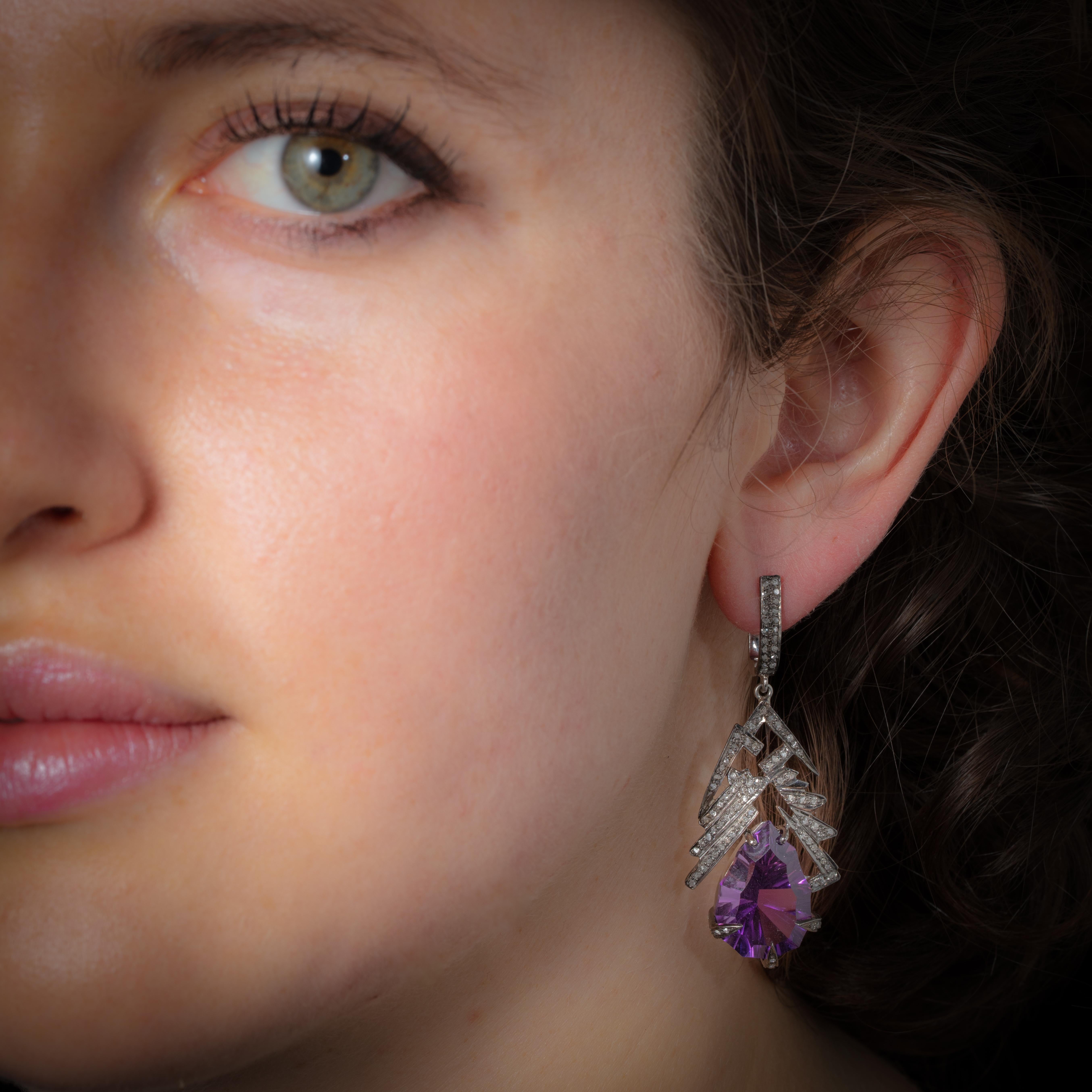 Women's or Men's Amethyst and Diamond Dangle Earrings