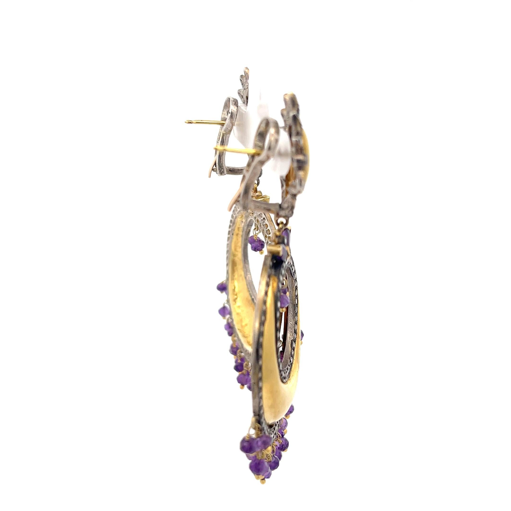 Contemporary Amethyst and Diamond Dangle Earrings in 18K Yellow Gold For Sale