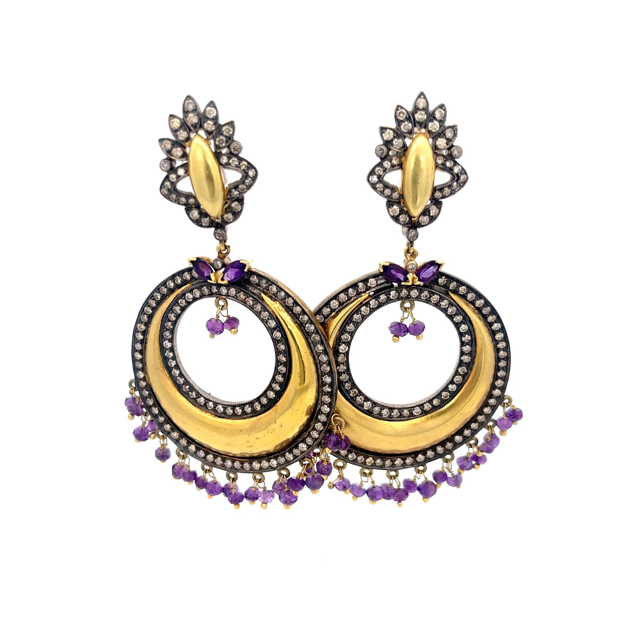 Round Cut Amethyst and Diamond Dangle Earrings in 18K Yellow Gold For Sale