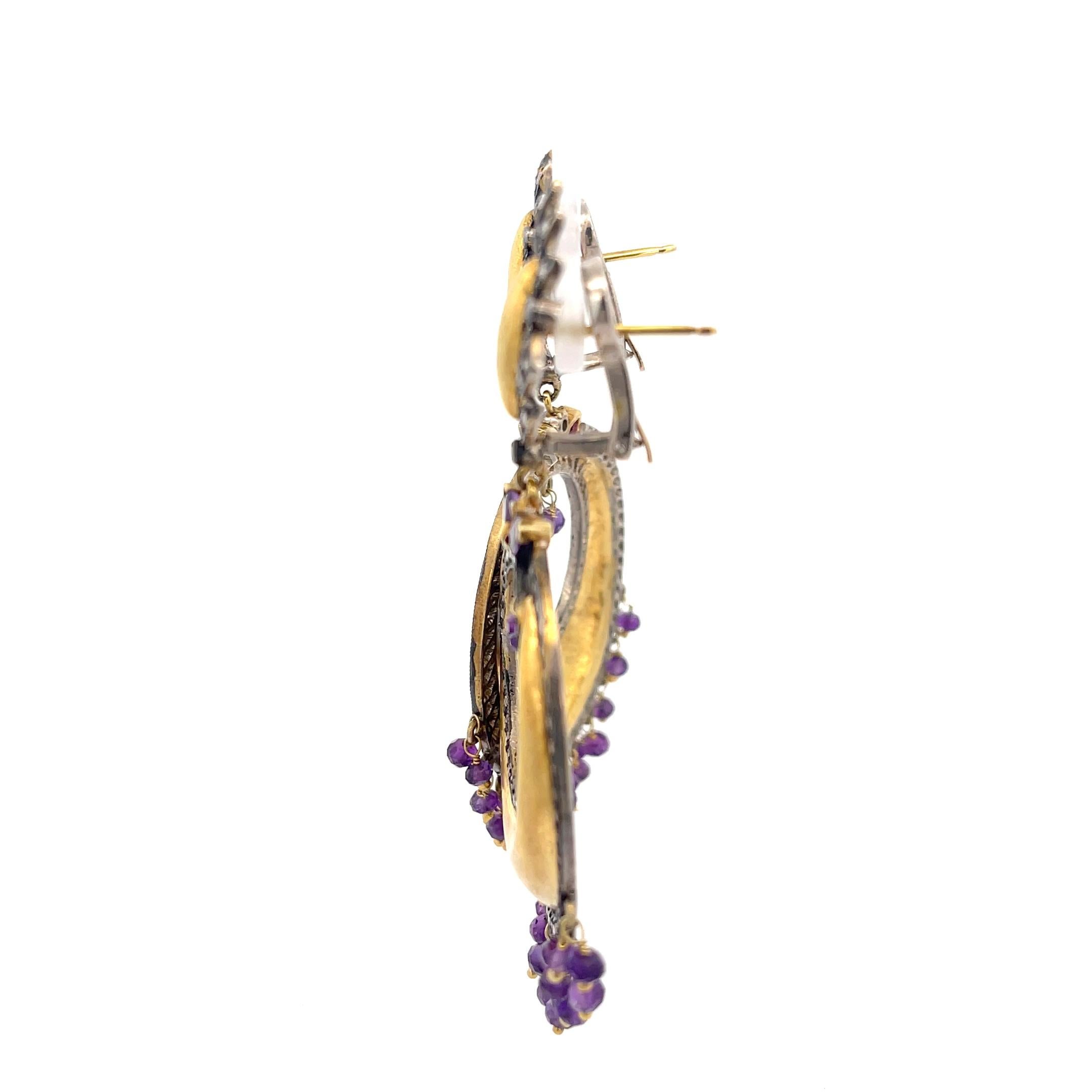 Amethyst and Diamond Dangle Earrings in 18K Yellow Gold In Good Condition For Sale In Dallas, TX