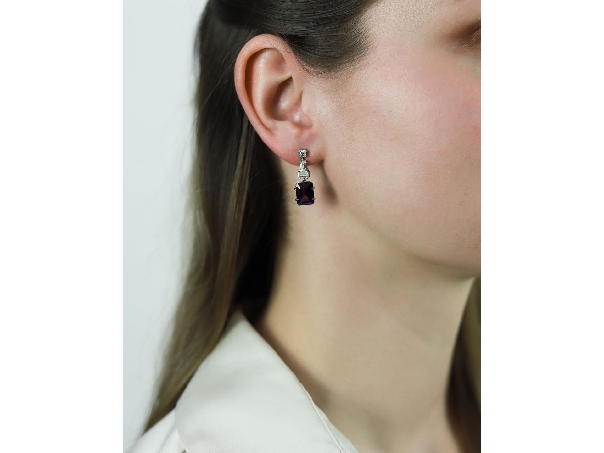 Baguette Cut Amethyst and diamond drop earrings, circa 1950. For Sale