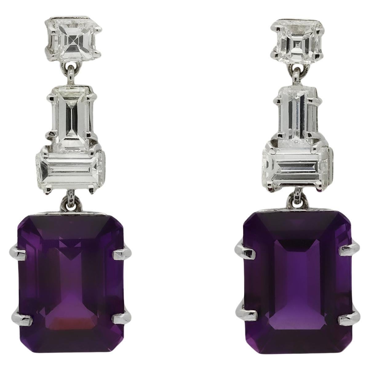 Amethyst and diamond drop earrings, circa 1950.  For Sale