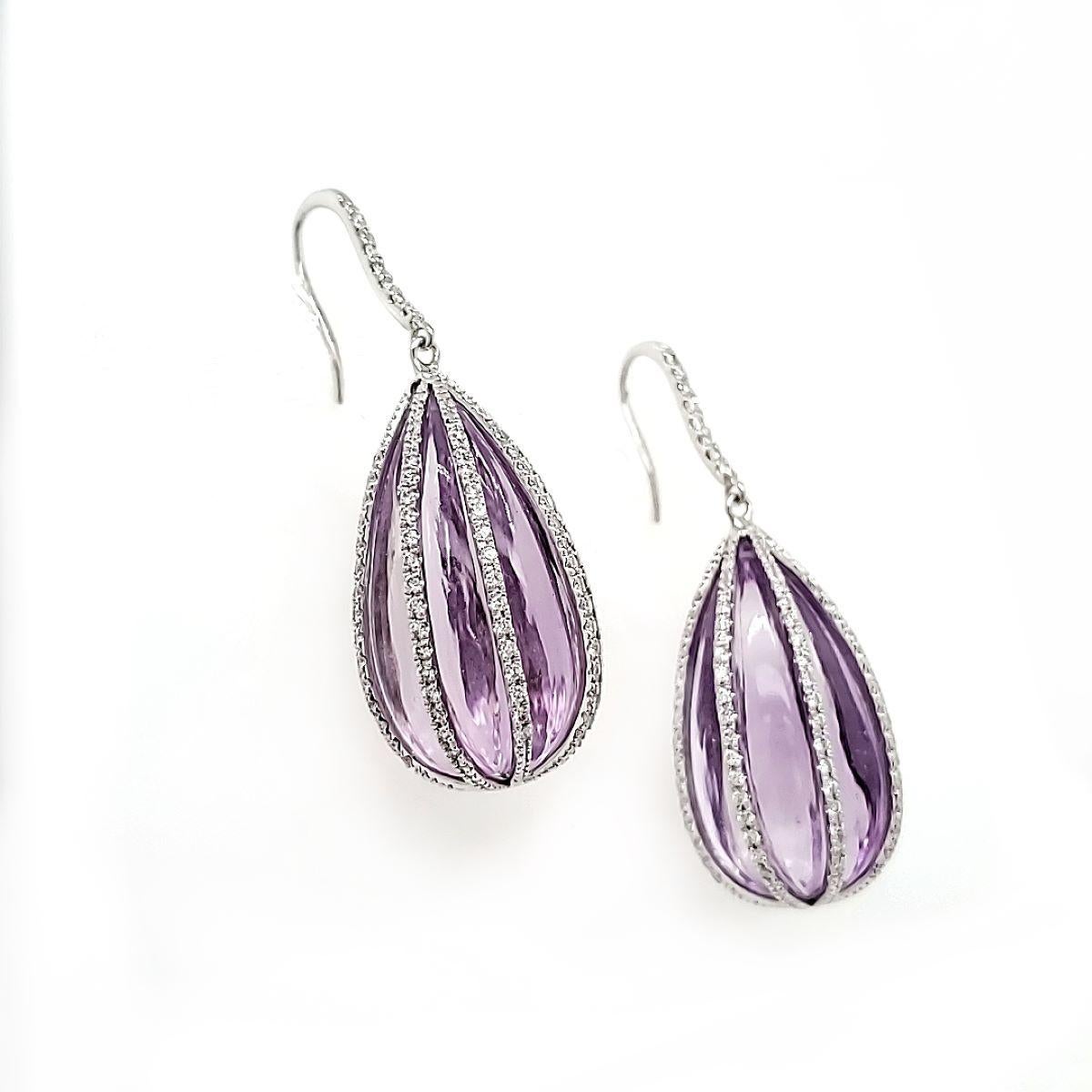 Contemporary Amethyst and Diamond Drop Earrings in 18k White Gold Setting For Sale