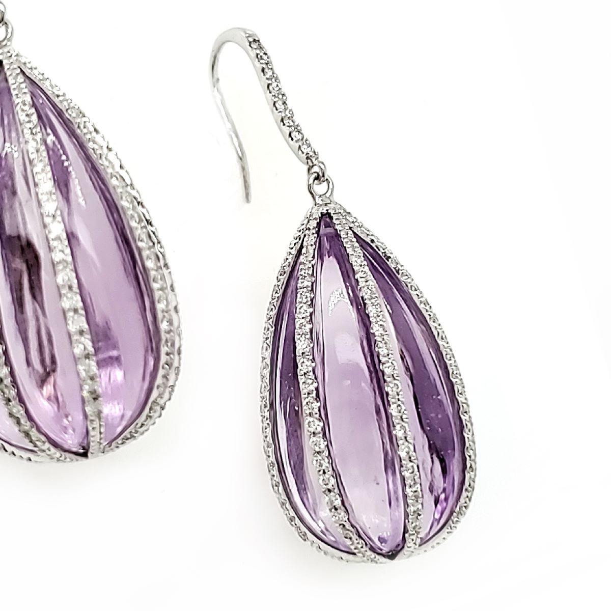 Oval Cut Amethyst and Diamond Drop Earrings in 18k White Gold Setting For Sale