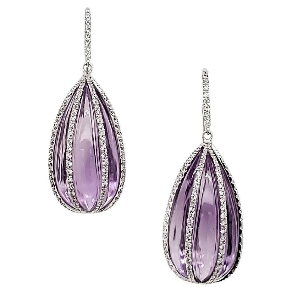 Amethyst and Diamond Drop Earrings in 18k White Gold Setting For Sale
