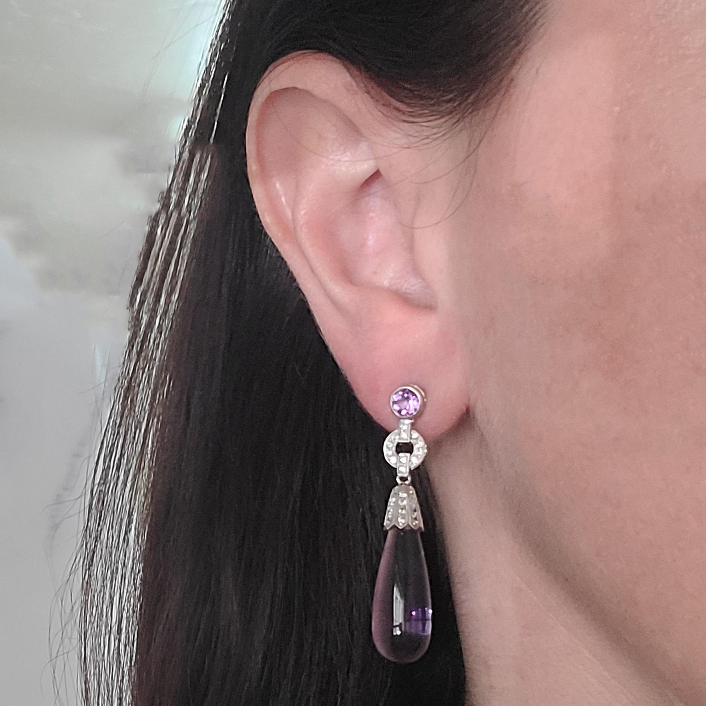Cabochon Amethyst and Diamond Drop Earrings in White Gold For Sale