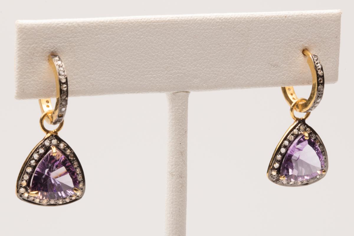 Amethyst and Diamond Drop Hoop Earrings In Excellent Condition In Nantucket, MA