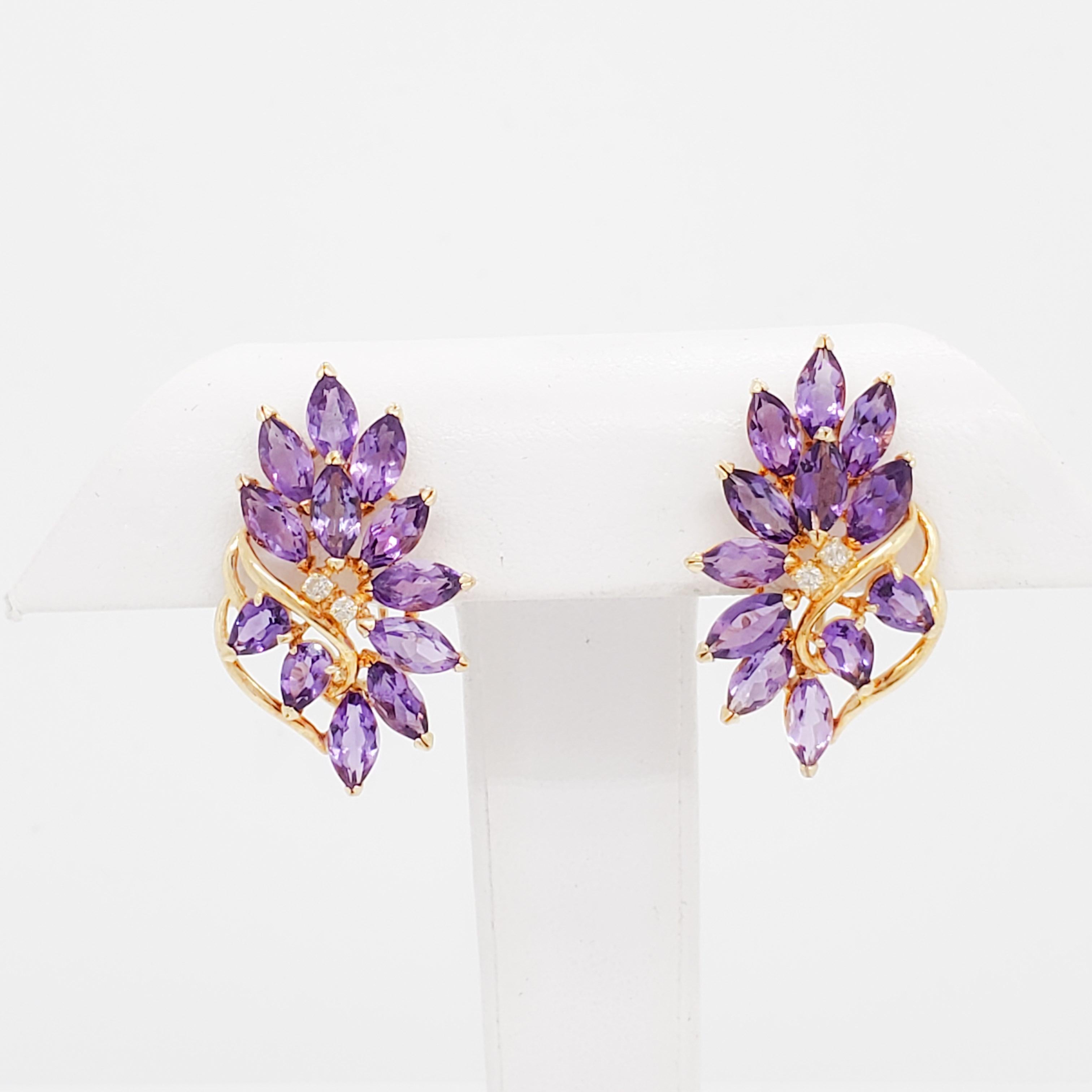 Amethyst and Diamond Earring Clips in 14k Yellow Gold In New Condition For Sale In Los Angeles, CA