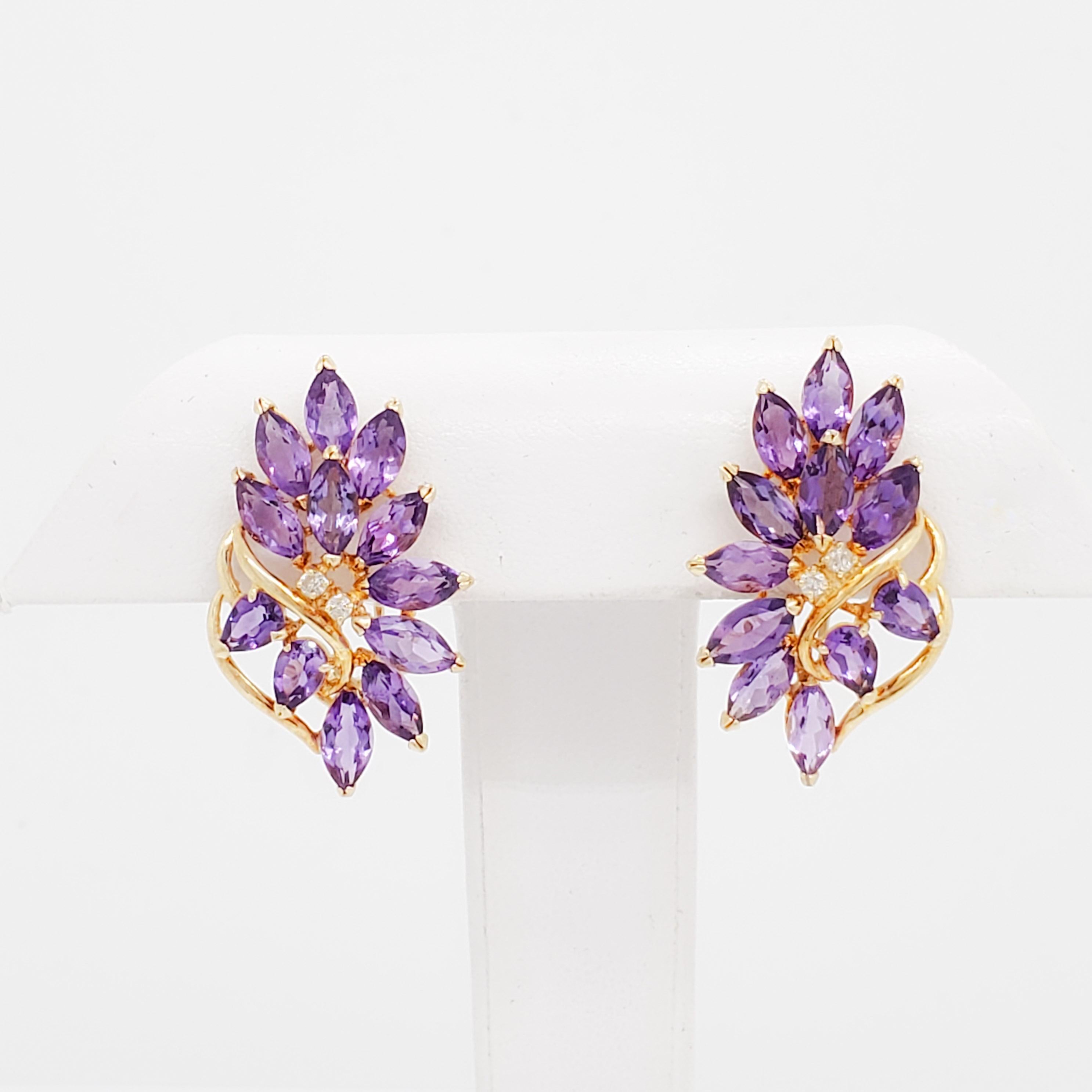 Amethyst and Diamond Earring Clips in 14k Yellow Gold For Sale 1
