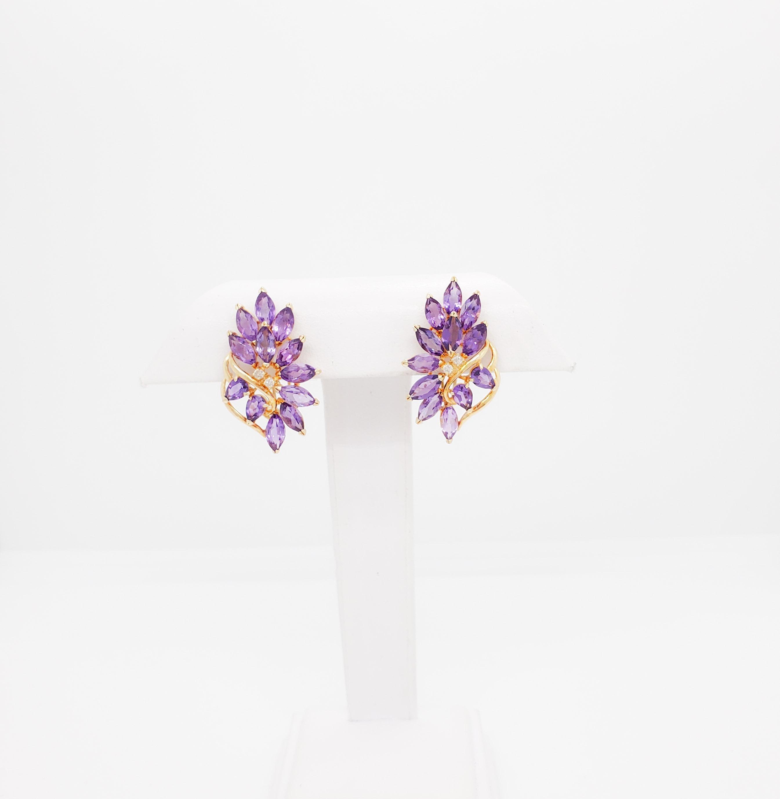 Amethyst and Diamond Earring Clips in 14k Yellow Gold For Sale 2