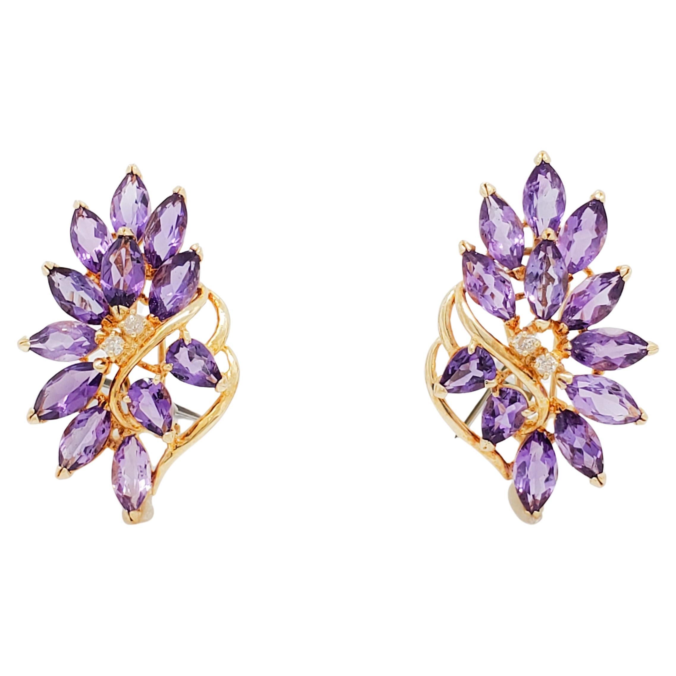 Amethyst and Diamond Earring Clips in 14k Yellow Gold For Sale