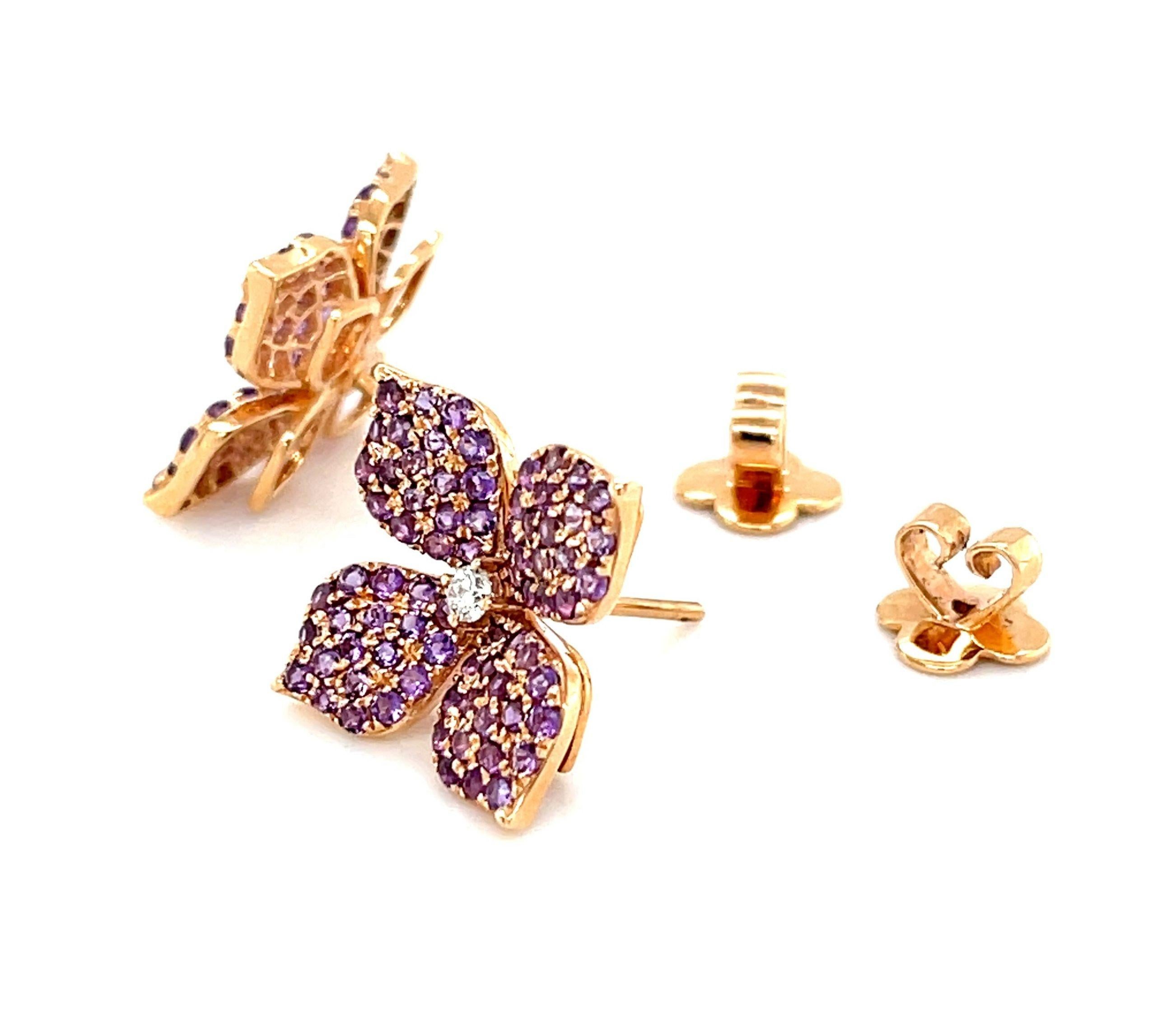 Artisan Amethyst and Diamond Floral Earrings in 18k Rose Gold