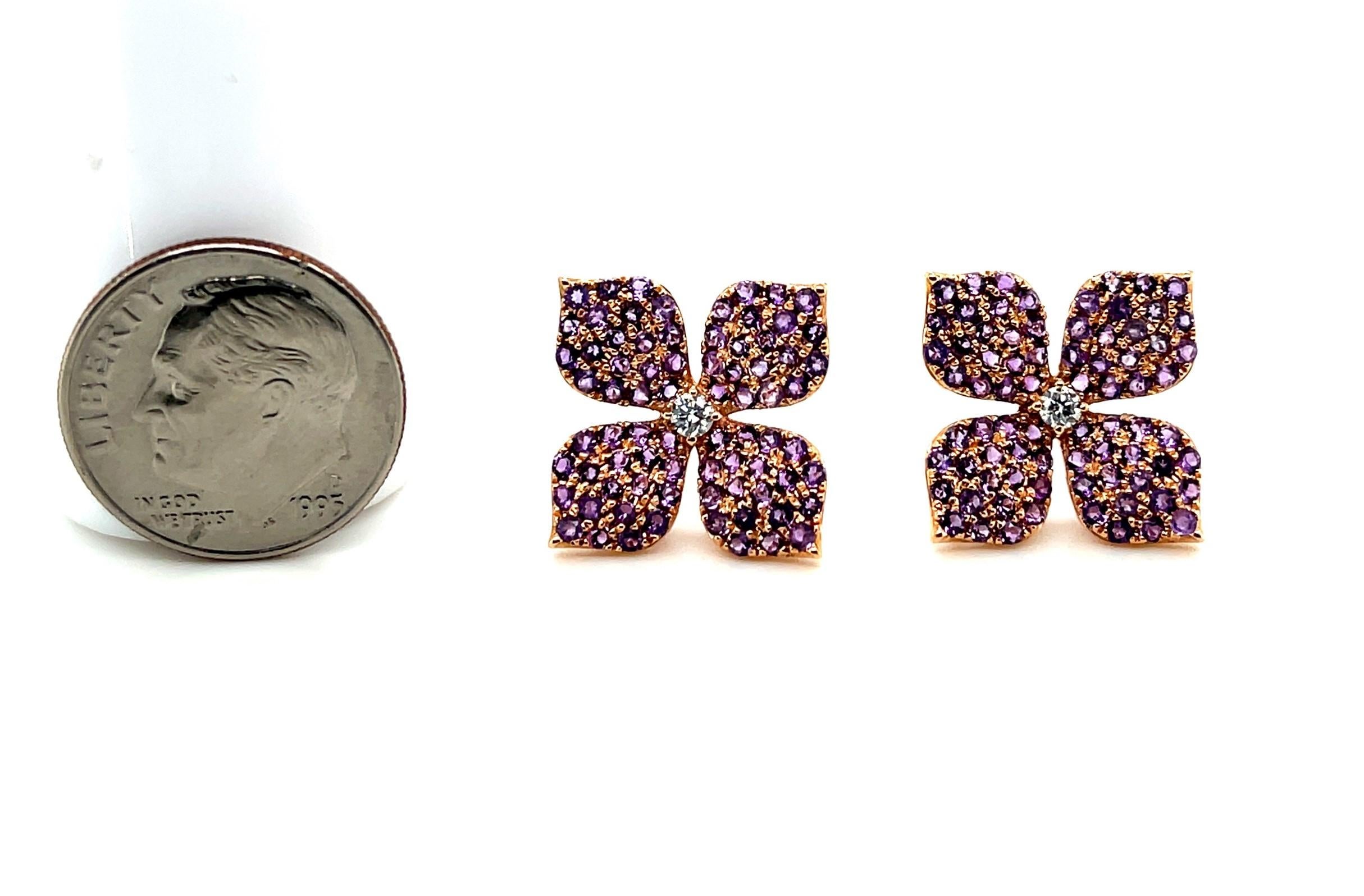 Amethyst and Diamond Floral Earrings in 18k Rose Gold In New Condition In Los Angeles, CA