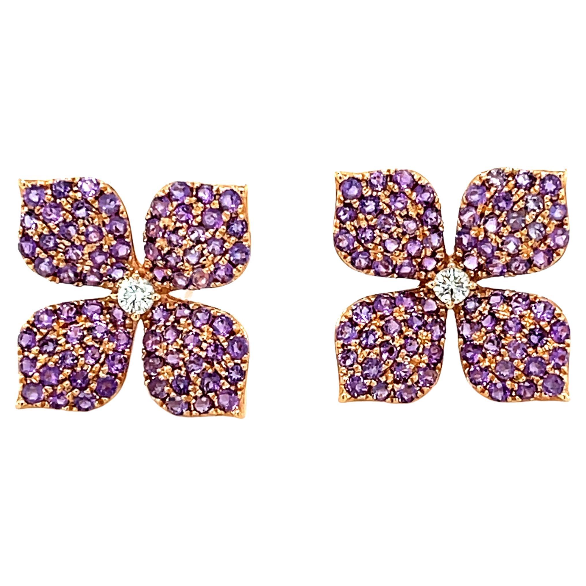 Amethyst and Diamond Floral Earrings in 18k Rose Gold