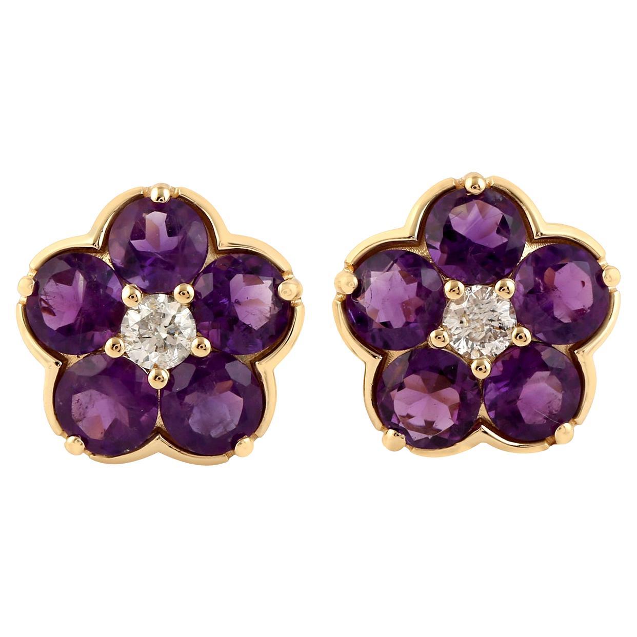 Amethyst and Diamond Floral Stud Earrings in 18k Yellow Gold For Sale