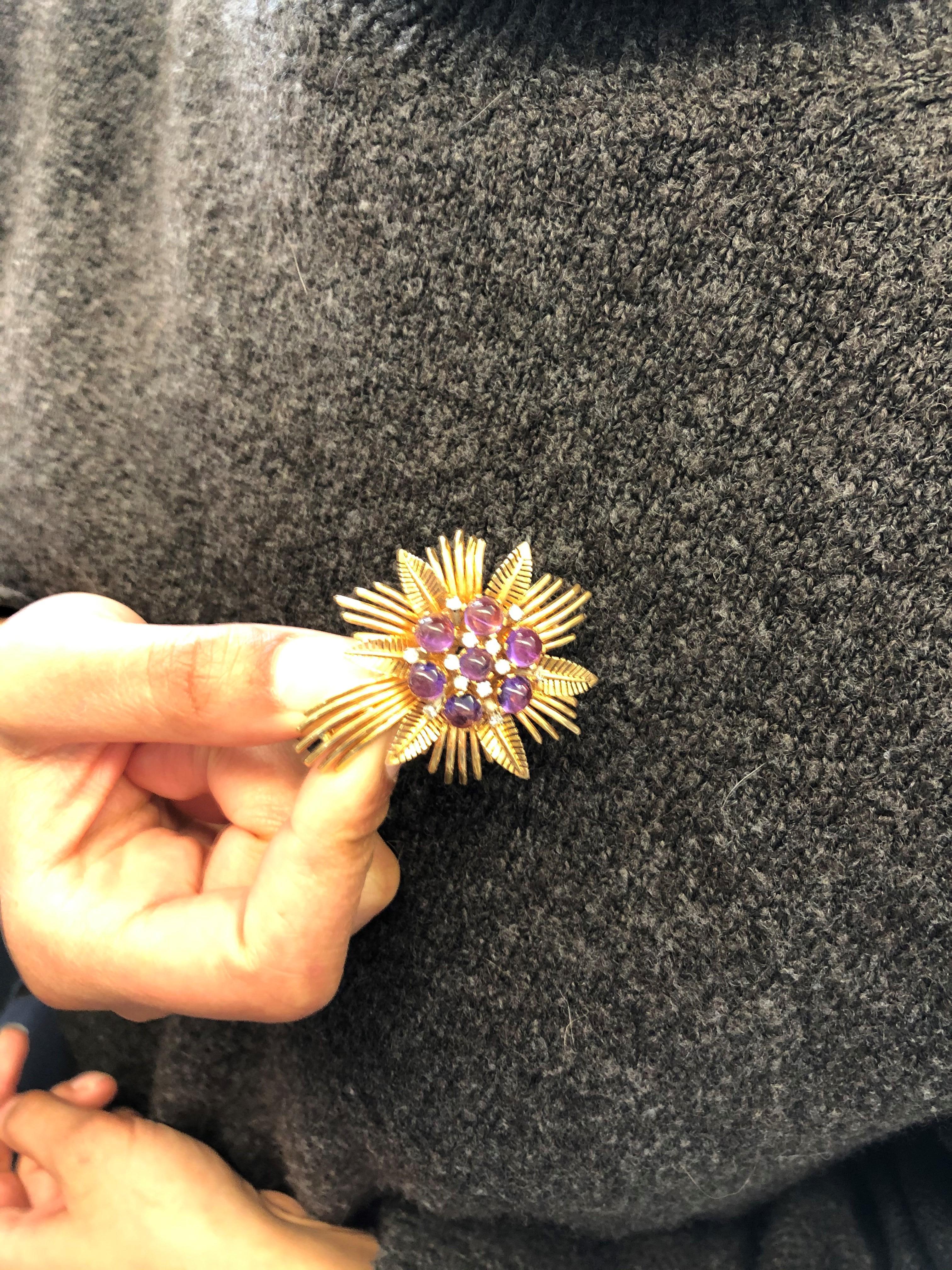 Amethyst and Diamond Flower Brooch in 18K Yellow Gold 4