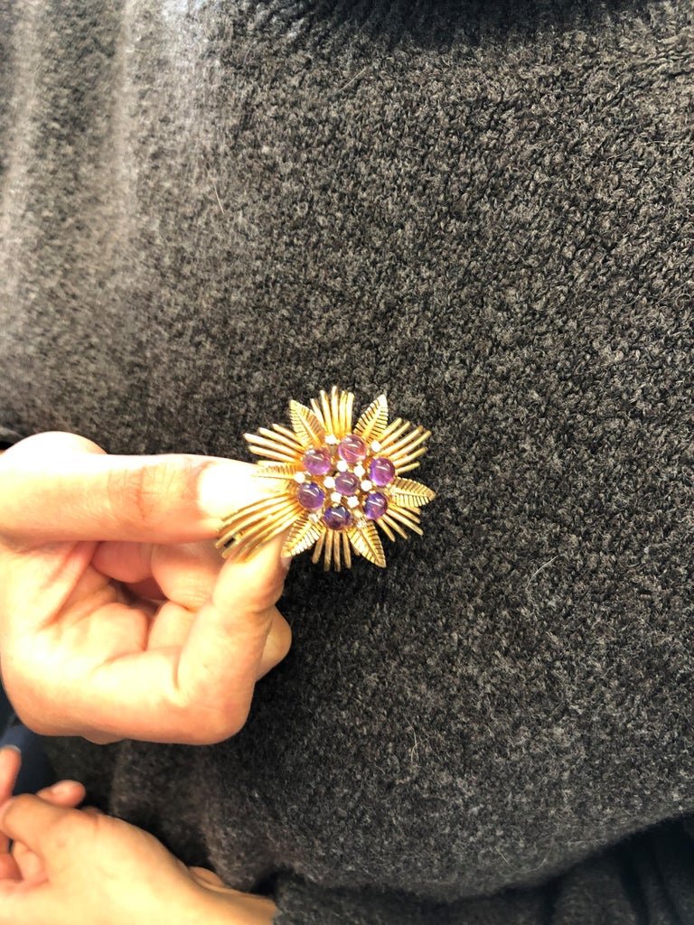 Amethyst and Diamond Flower Brooch in 18K Yellow Gold For Sale 4