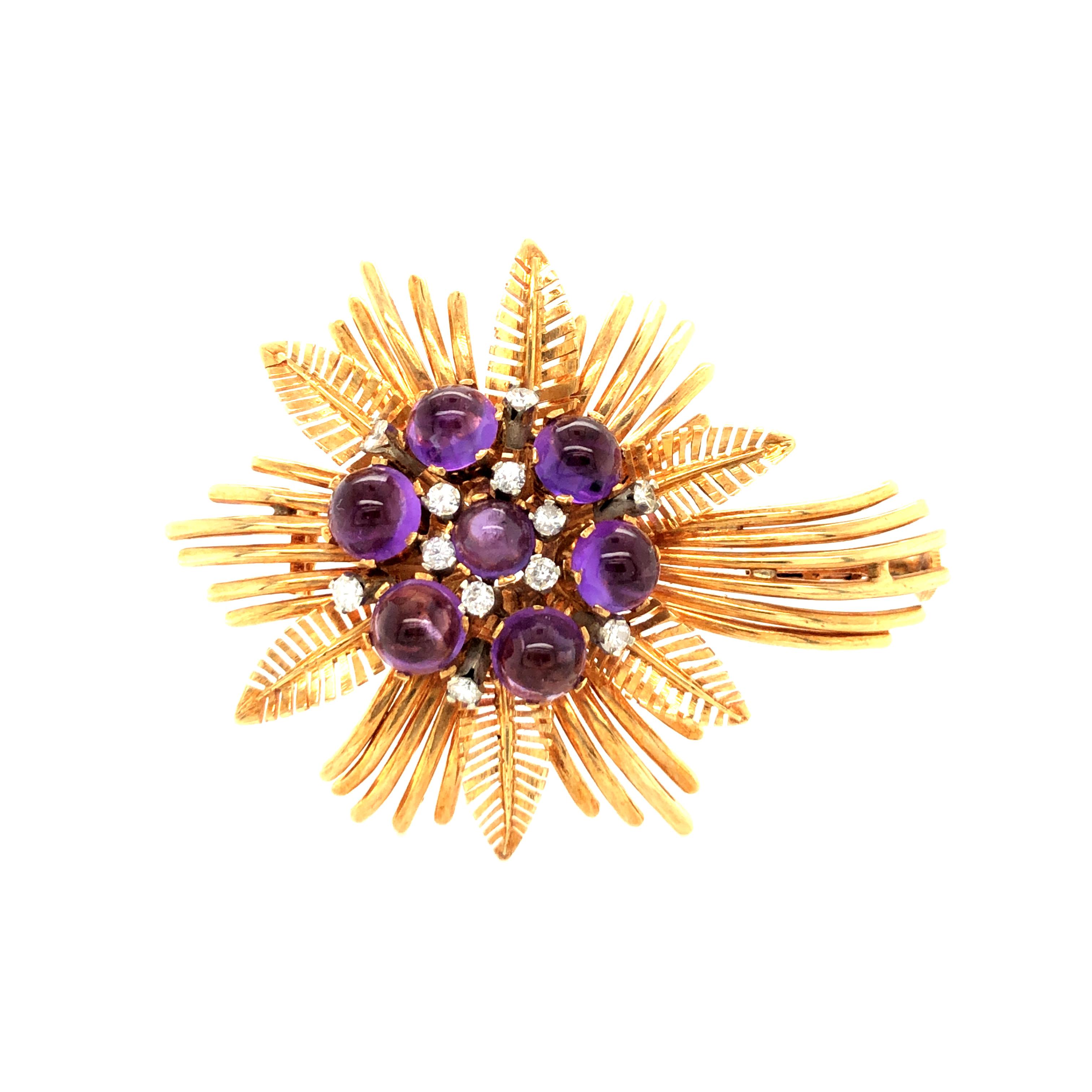 Cabochon Amethyst and Diamond Flower Brooch in 18K Yellow Gold