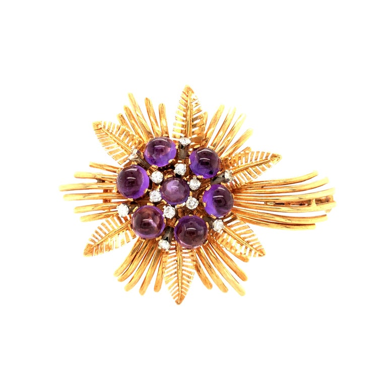 Cabochon Amethyst and Diamond Flower Brooch in 18K Yellow Gold For Sale