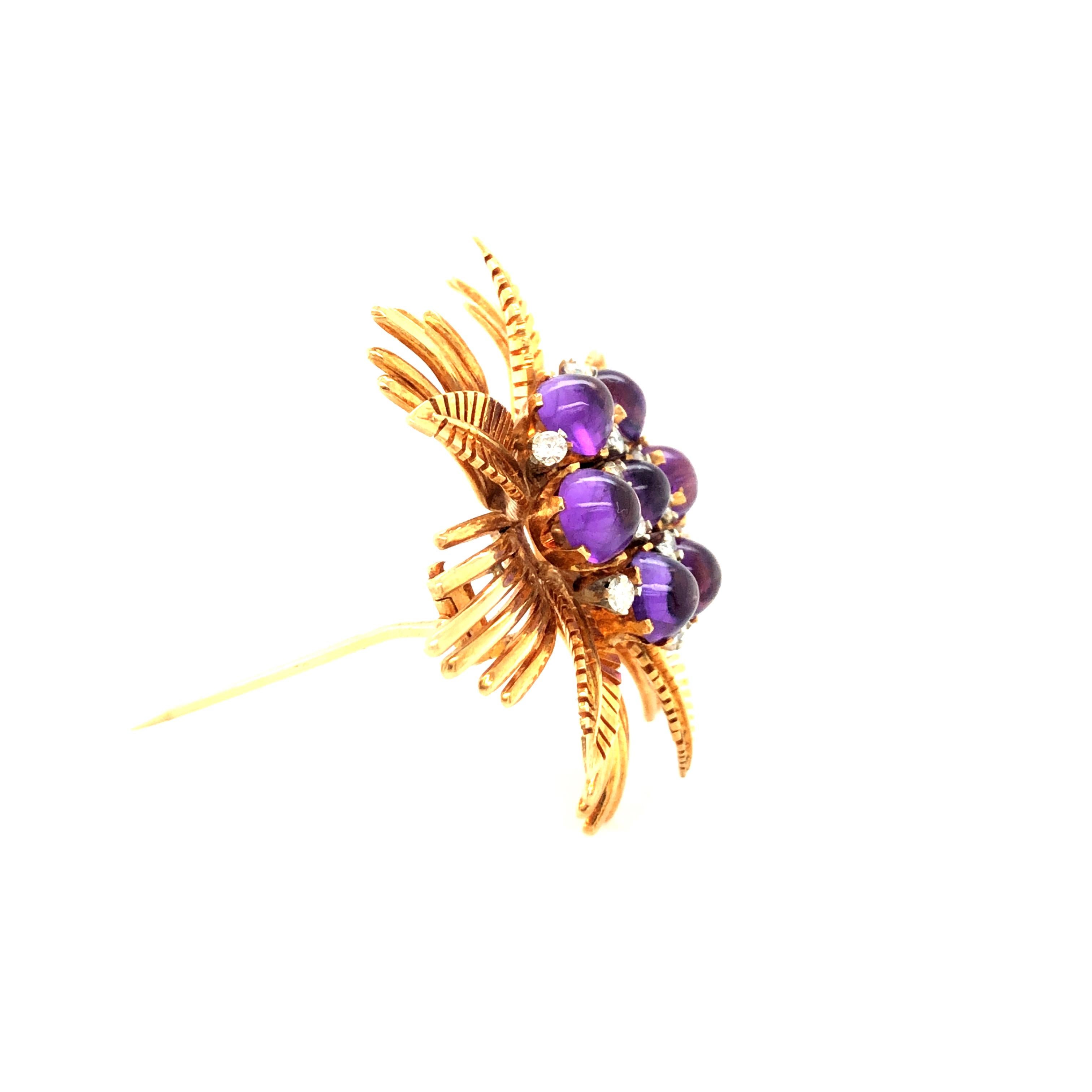 Amethyst and Diamond Flower Brooch in 18K Yellow Gold 1
