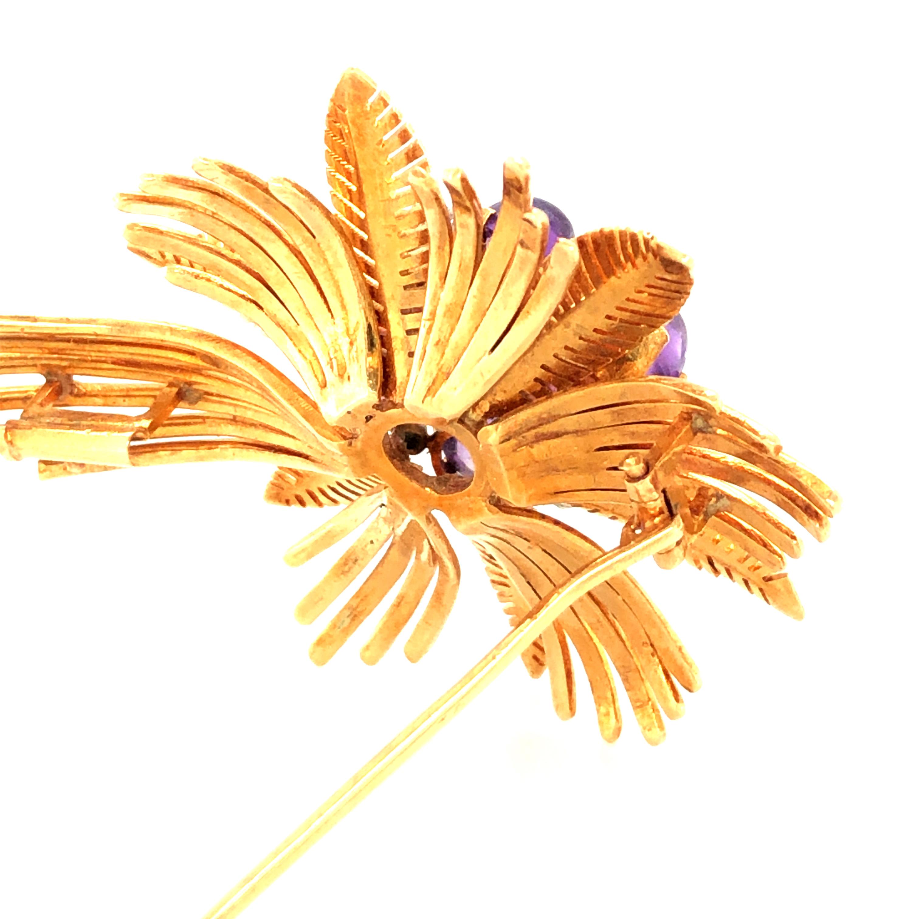 Amethyst and Diamond Flower Brooch in 18K Yellow Gold 2