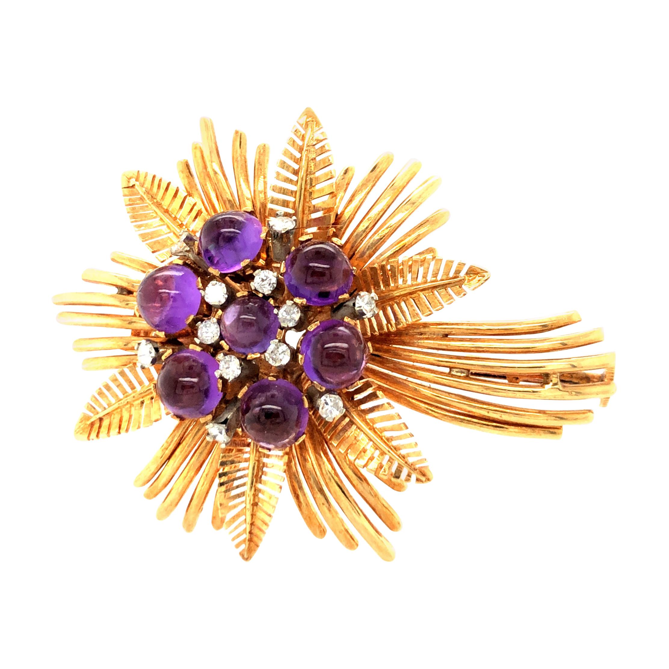 Amethyst and Diamond Flower Brooch in 18K Yellow Gold