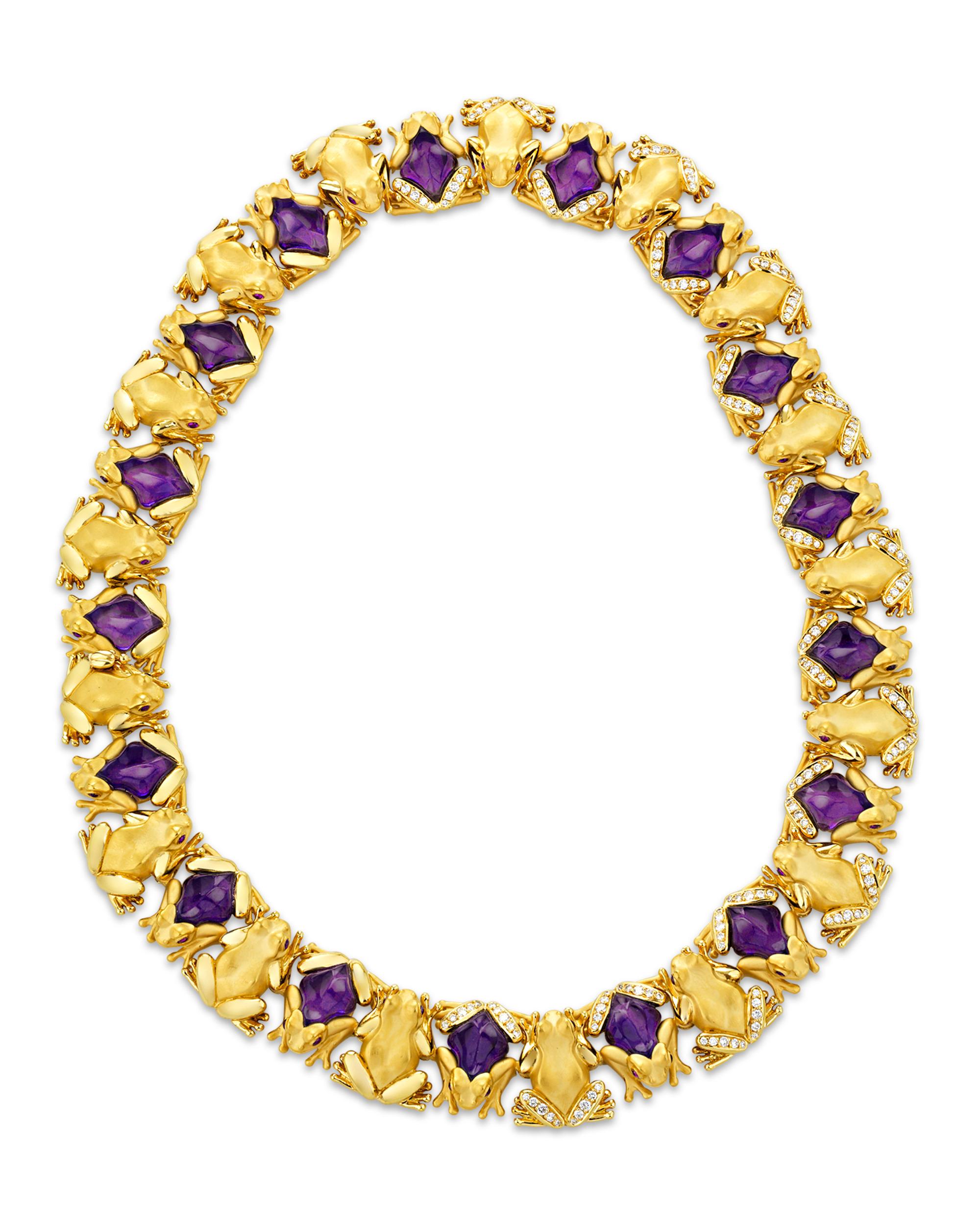 This enchanting necklace features 17 dainty frogs cast in satin-finished 18K yellow gold, with alternating accents of diamonds and amethysts. Designed by historic Spanish jewelers Carrera y Carrera, these fine frogs’ smooth, lavender-hued bodies are