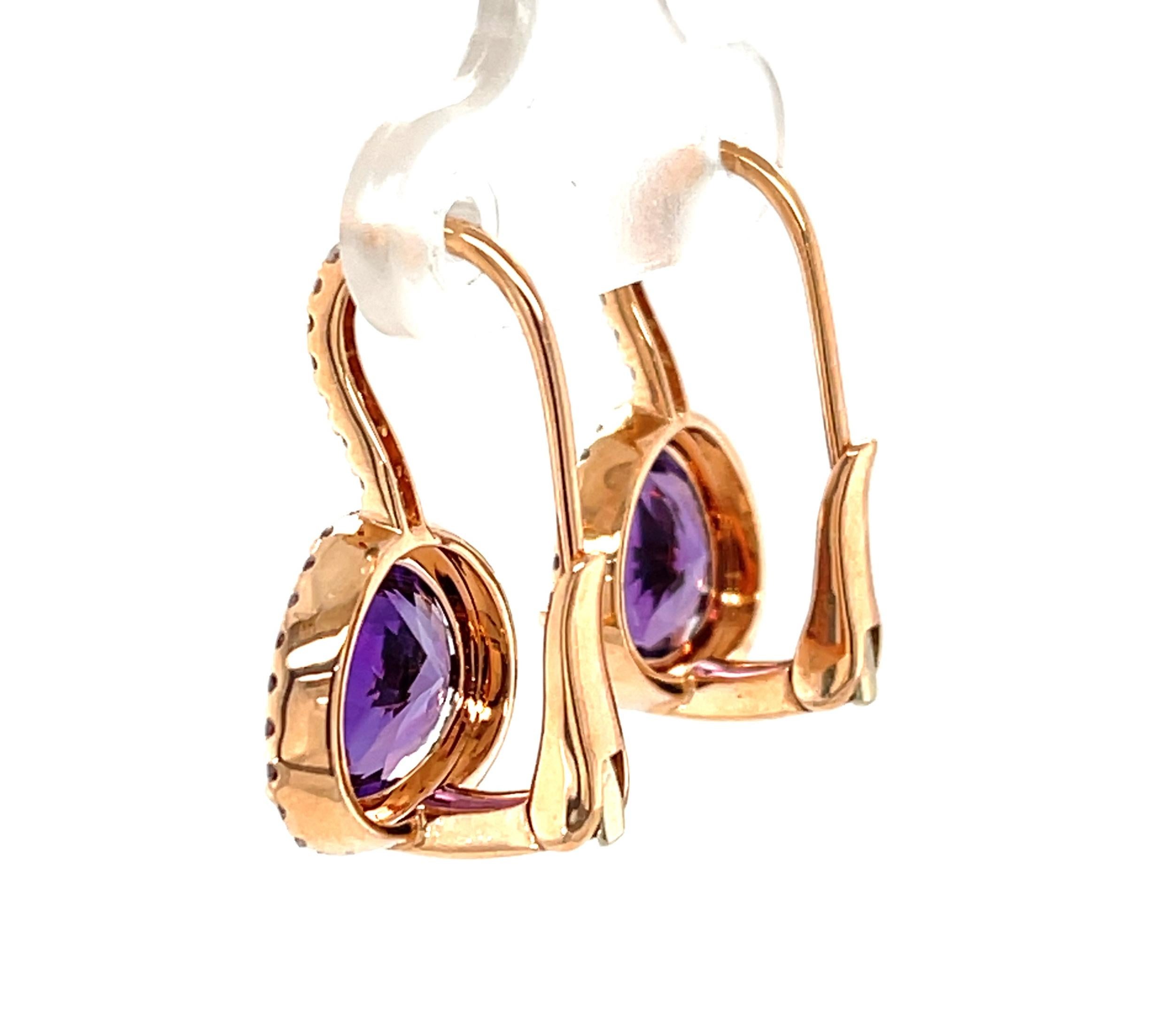 Taglio a goccia Orecchini a goccia con diamante e ametista in oro rosa 18 ct. in vendita