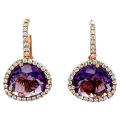 Amethyst and Diamond Halo Lever Back Drop Earrings in 18k Rose Gold