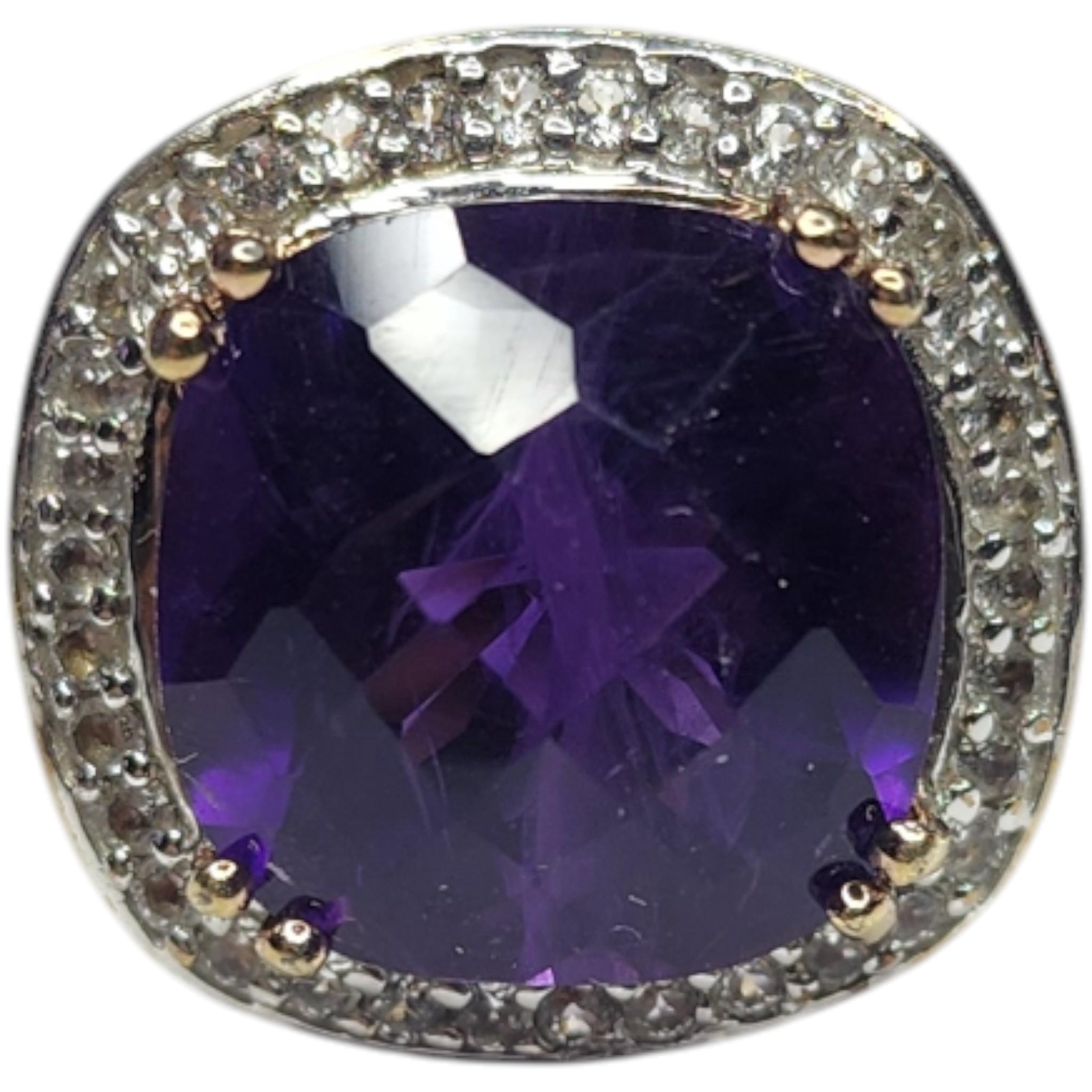 Amethyst and Diamond Halo Sterling Silver Cocktail Ring For Sale