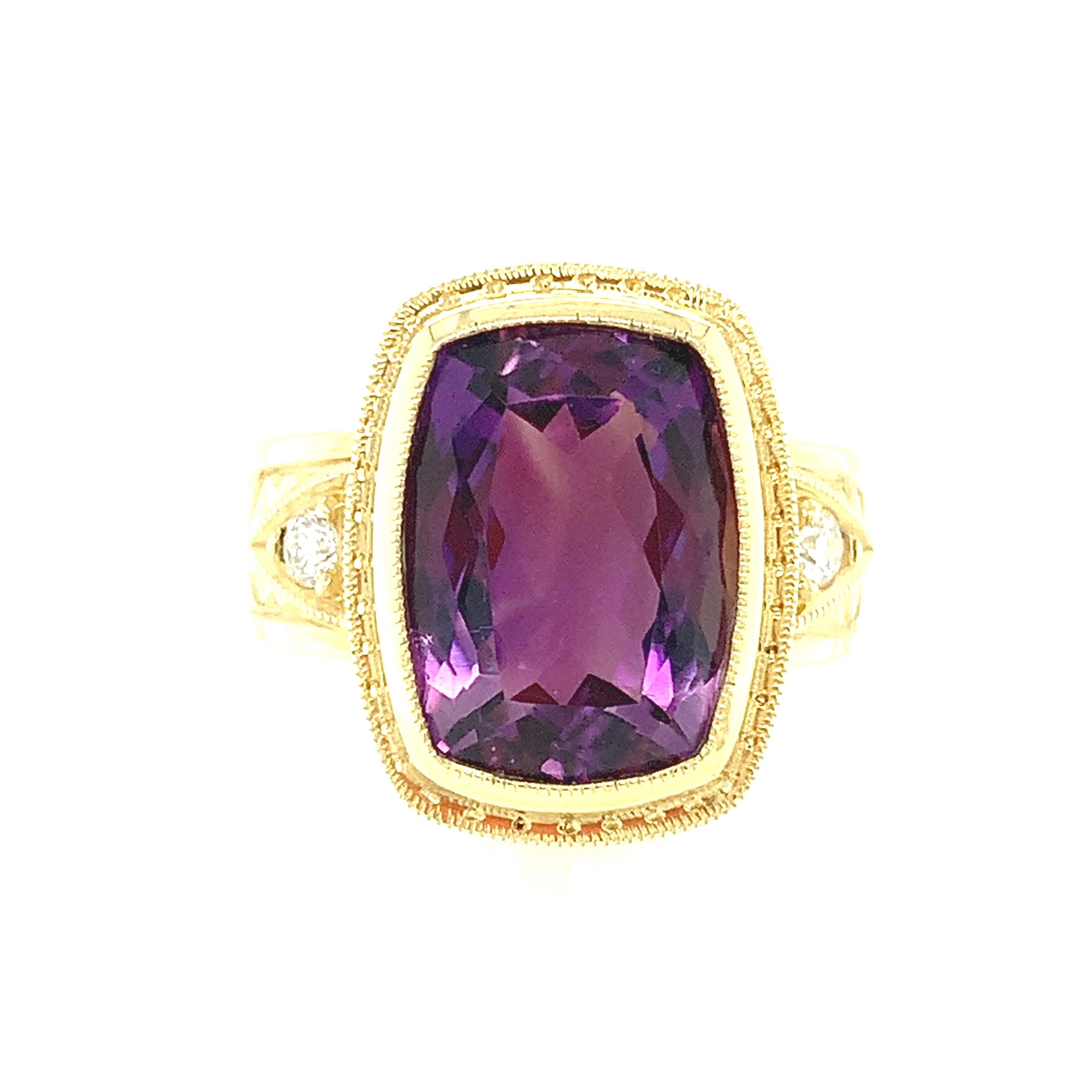 This handmade 18k yellow gold ring features a 5.57 carat cushion-cut amethyst with gorgeous crystalline transparency and beautiful rich color. Our signature ring was designed to showcase a single gorgeous gem by setting it in an intricately