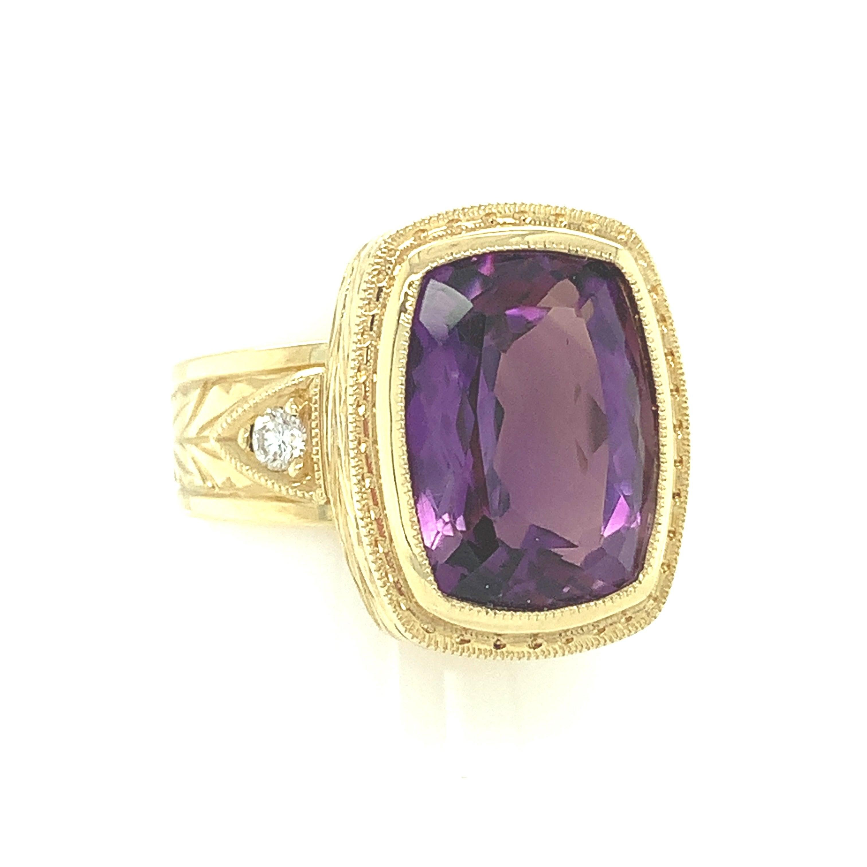 Artisan 5.57 Carat Amethyst and Diamond Handmade Yellow Gold Engraved Bezel Band Ring For Sale