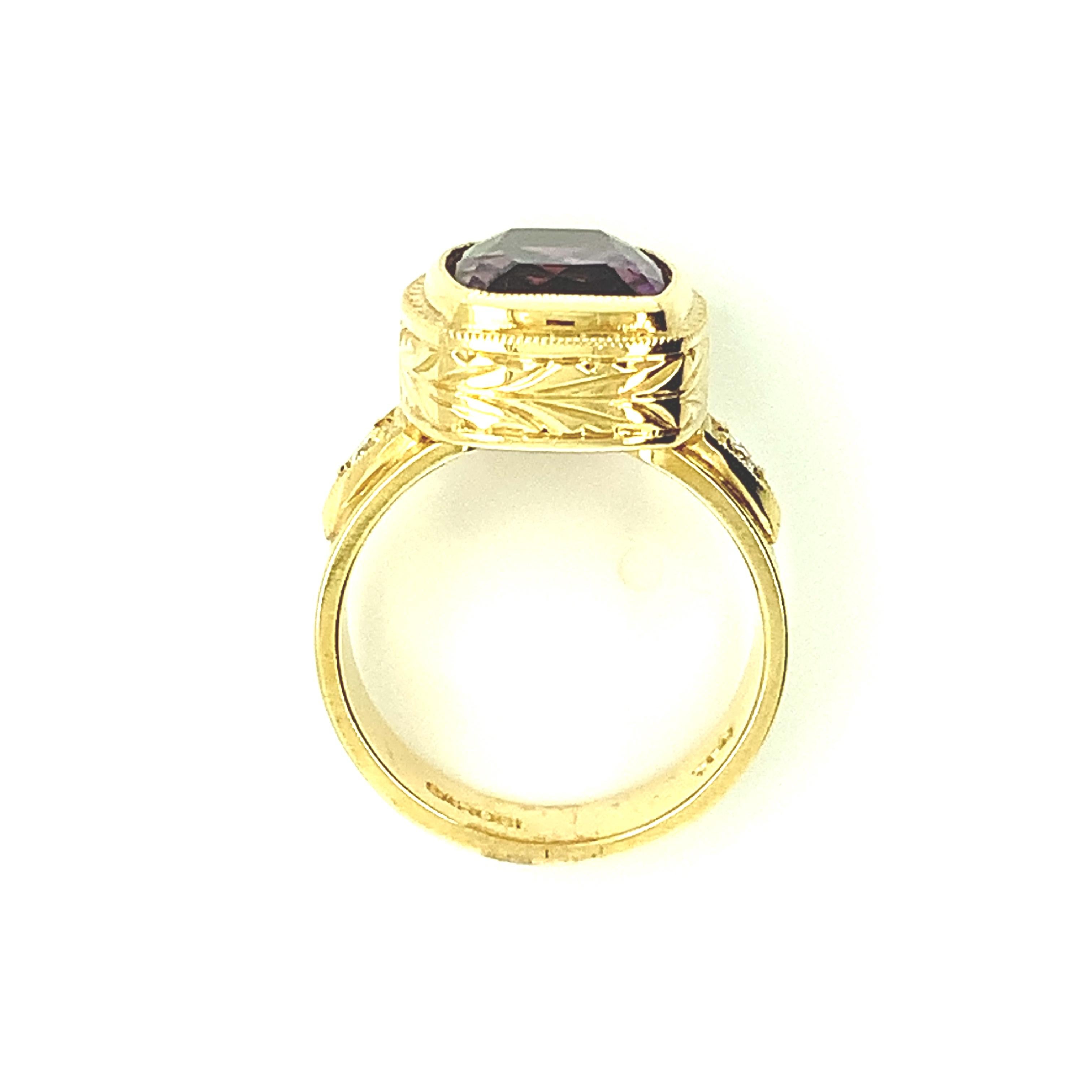 Women's 5.57 Carat Amethyst and Diamond Handmade Yellow Gold Engraved Bezel Band Ring For Sale