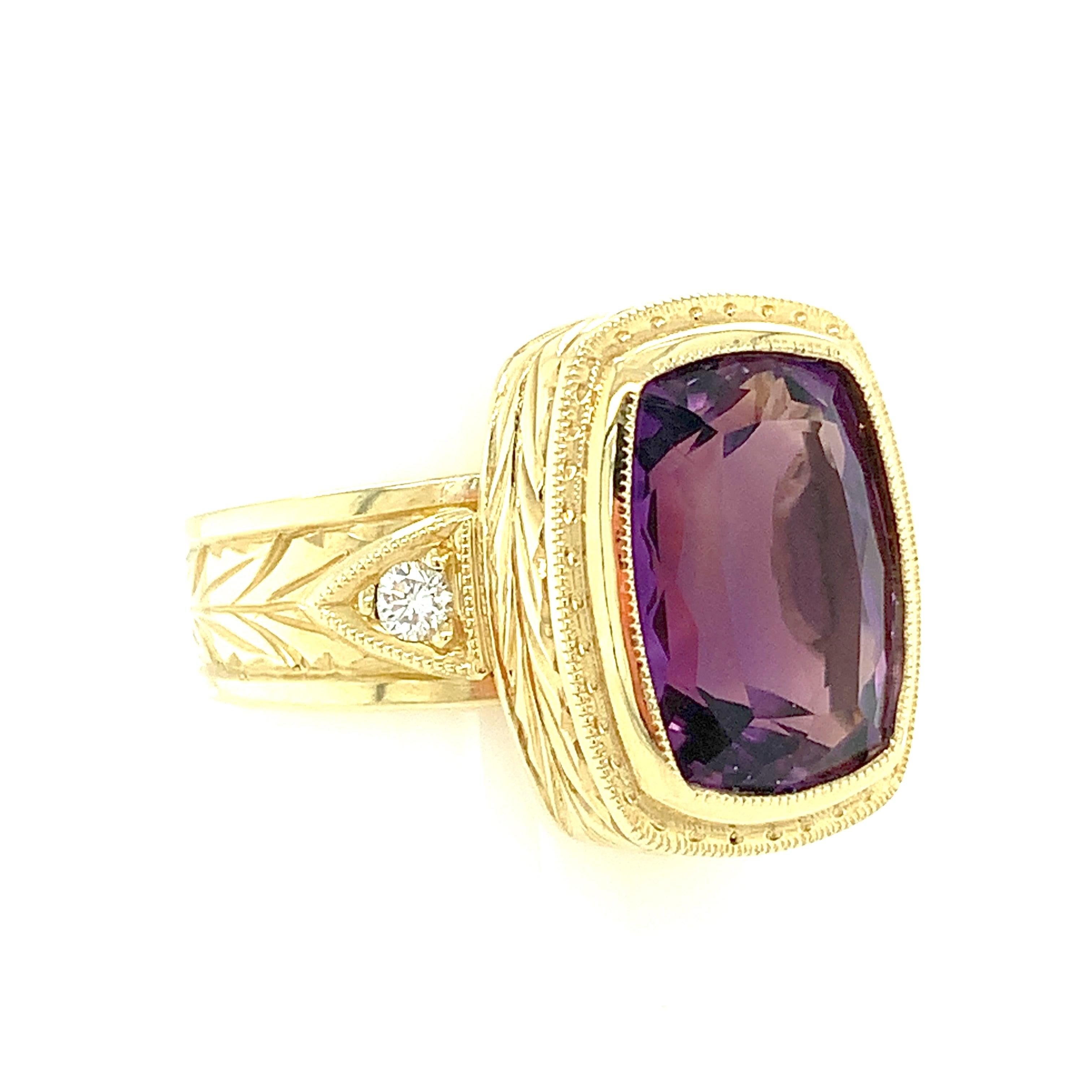 Cushion Cut 5.57 Carat Amethyst and Diamond Handmade Yellow Gold Engraved Bezel Band Ring For Sale
