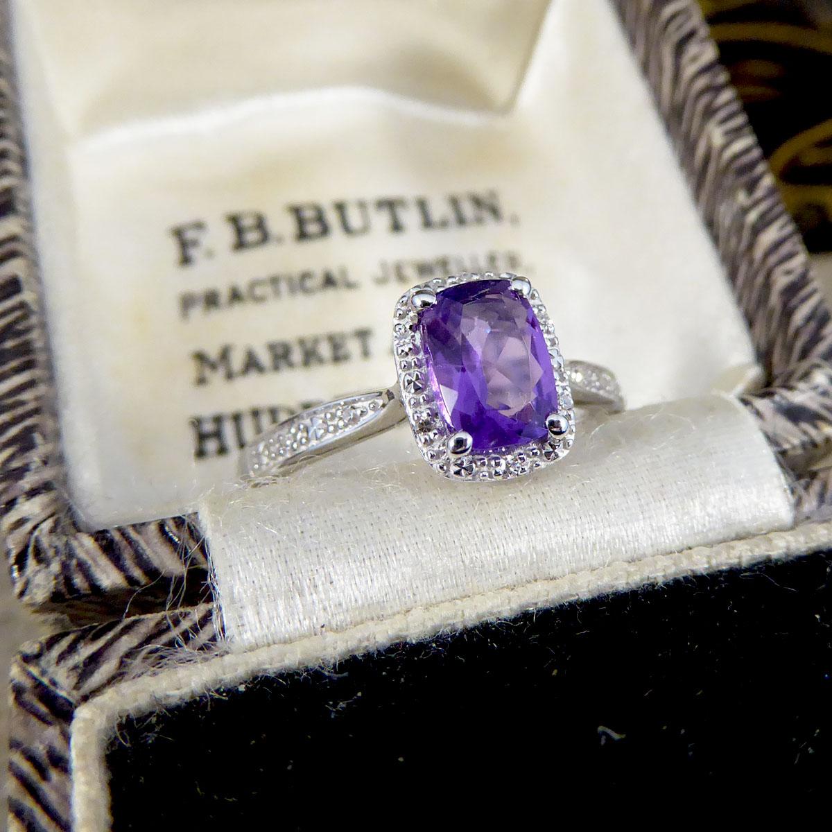 Amethyst and Diamond Illusion Halo Cluster Ring in White Gold For Sale 4