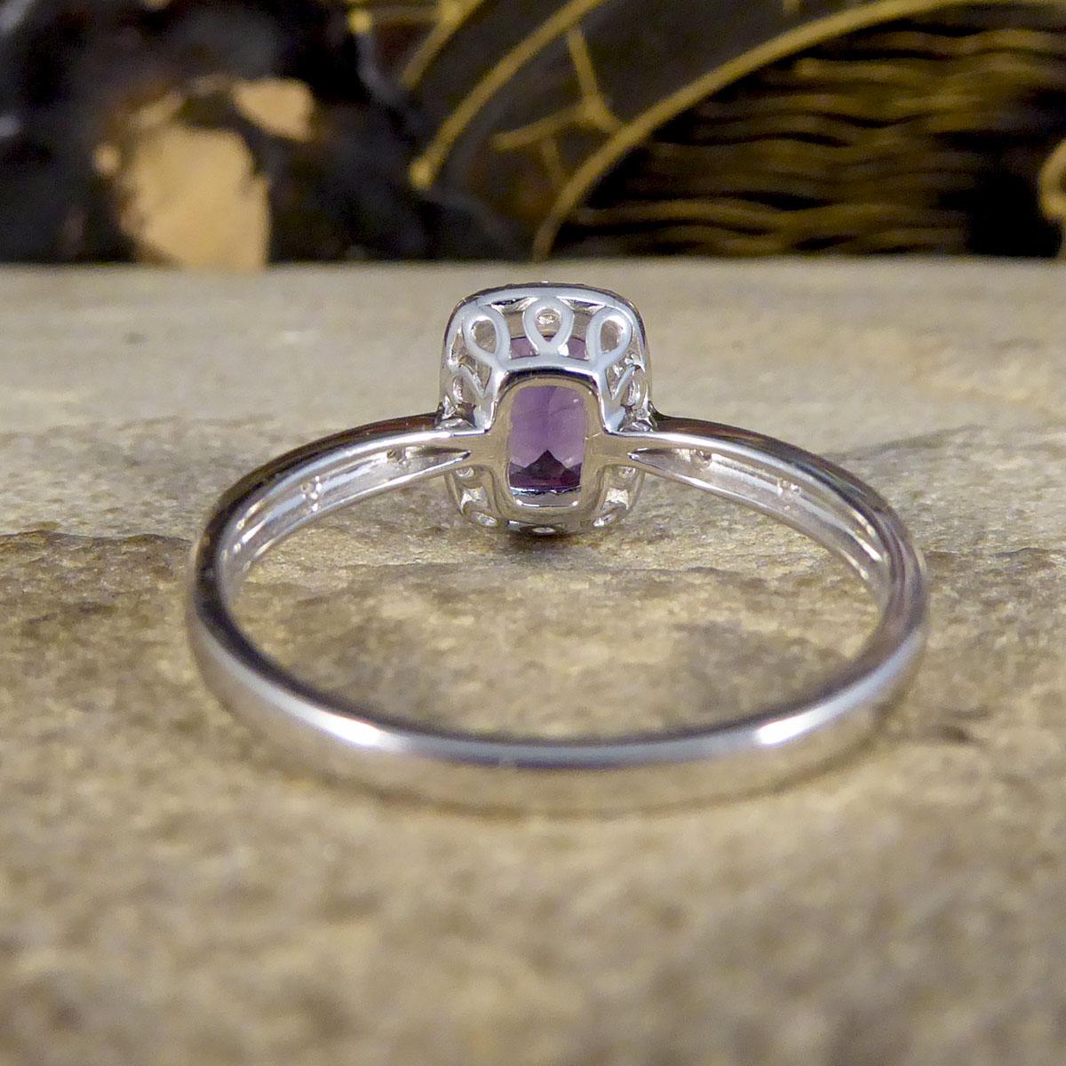 Cushion Cut Amethyst and Diamond Illusion Halo Cluster Ring in White Gold For Sale