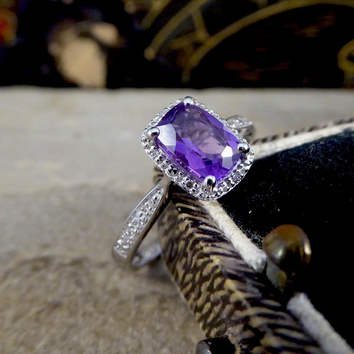 Amethyst and Diamond Illusion Halo Cluster Ring in White Gold For Sale 2