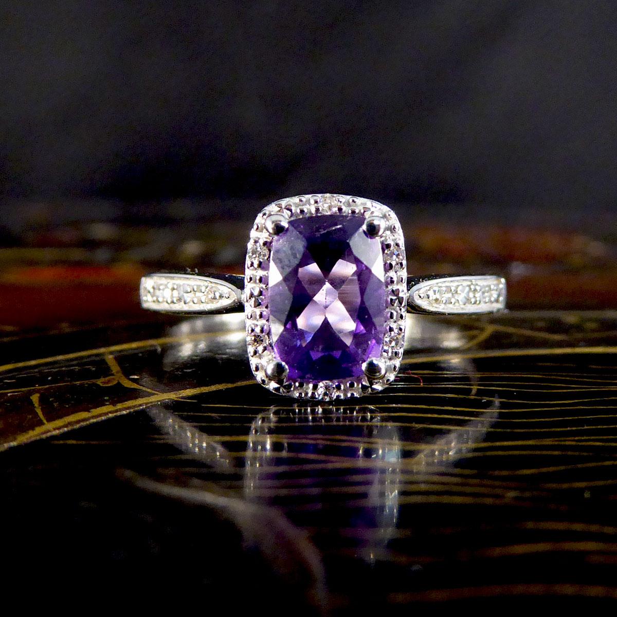 Amethyst and Diamond Illusion Halo Cluster Ring in White Gold For Sale 3