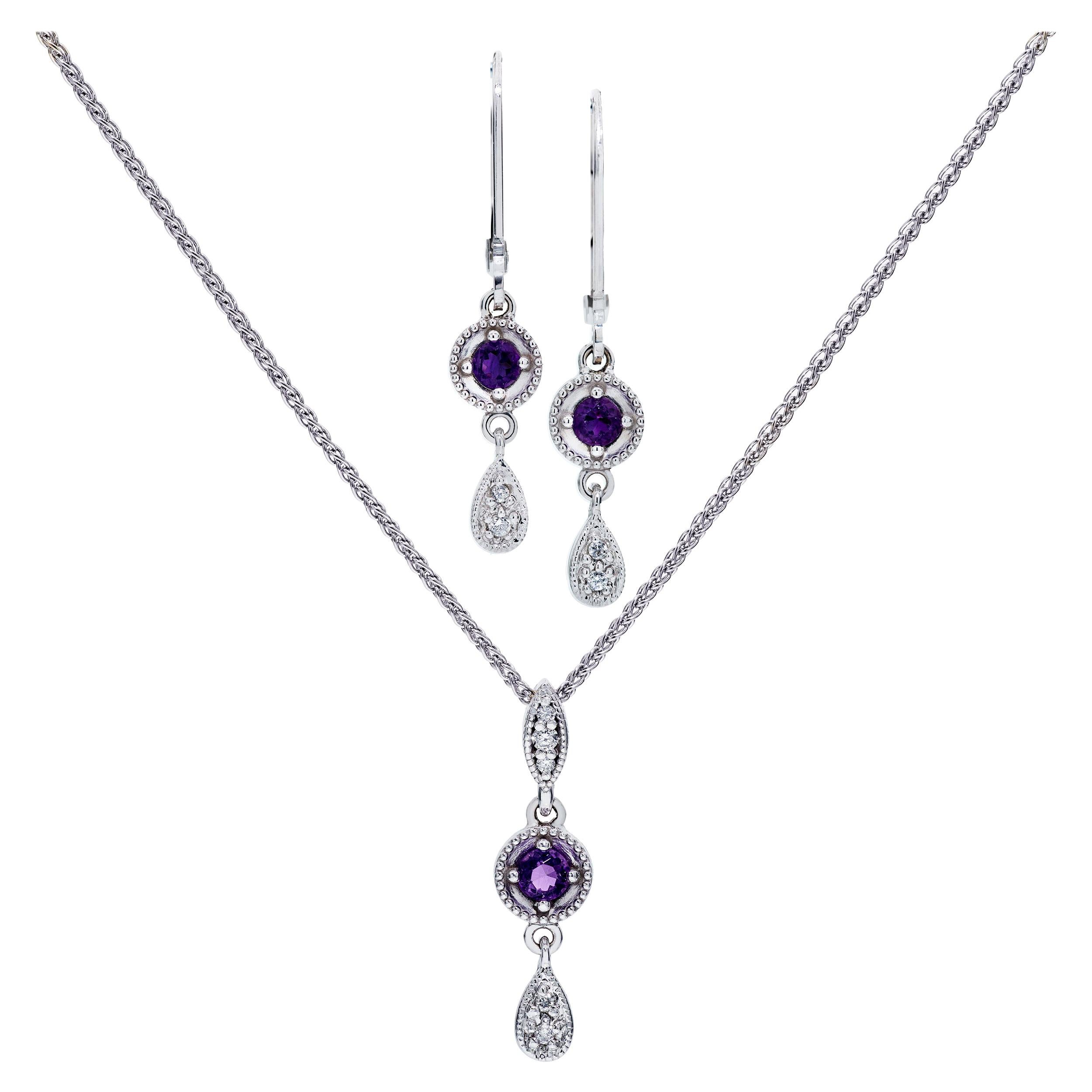 Amethyst and Diamond Necklace and Earring Set in 14 Karat White Gold For Sale