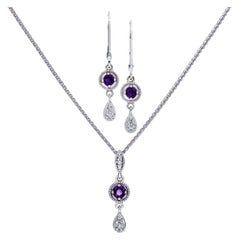 Amethyst and Diamond Necklace and Earring Set in 14 Karat White Gold