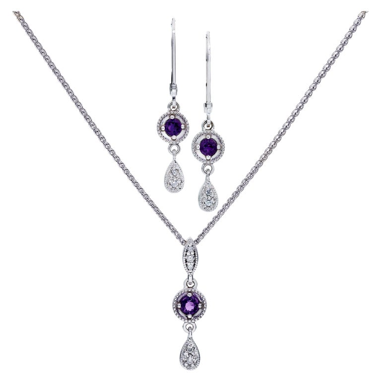 Amethyst and Diamond Necklace and Earring Set in 14 Karat White Gold ...
